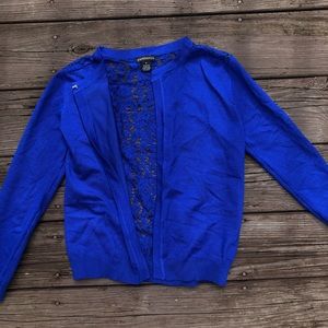 solid blue cardigan with lace in the back